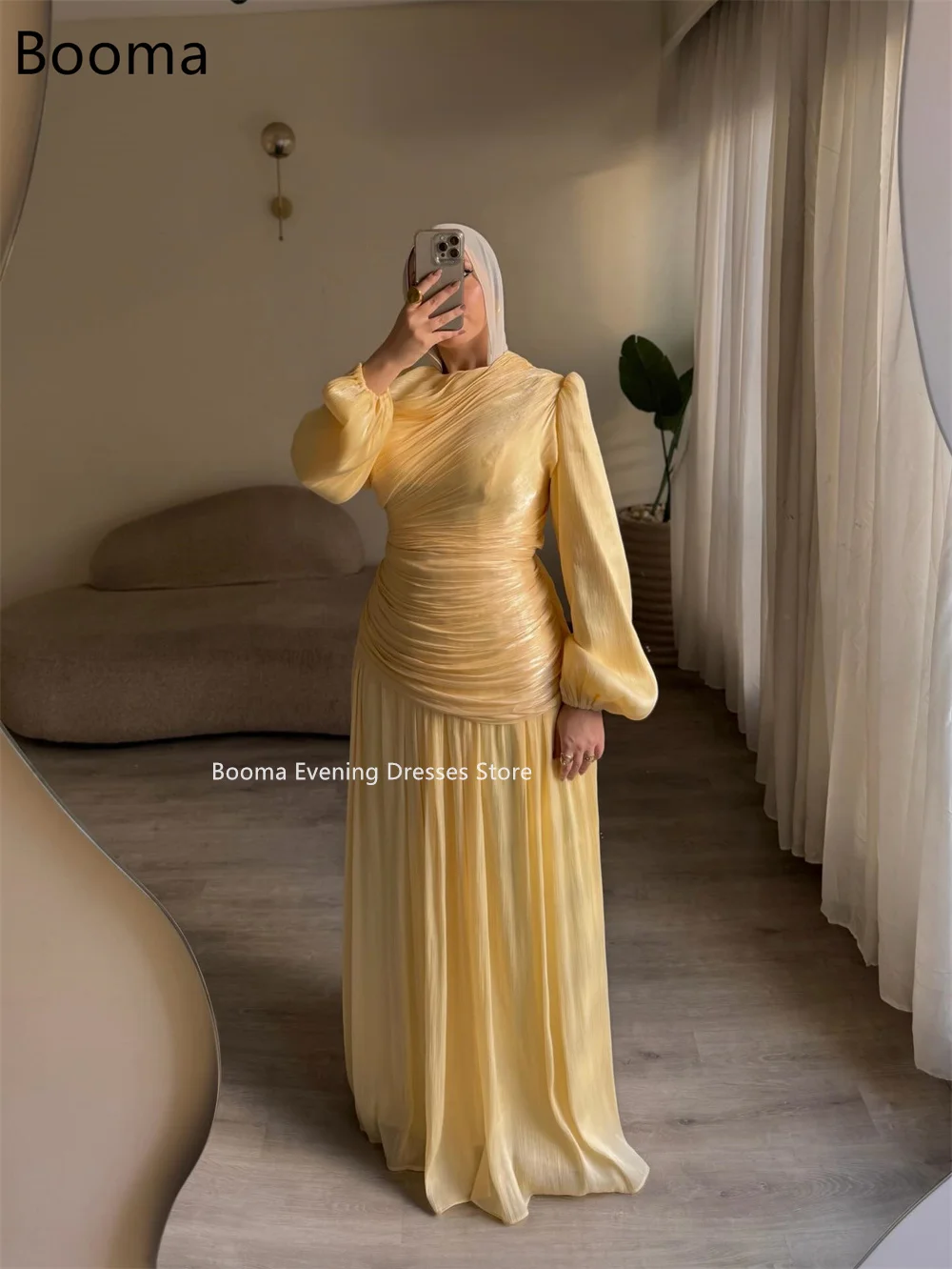 Booma أنيقة على شكل حرف a رقبة دائرية وأكمام طويلة فساتين رسمية رداء حفلات للنساء مطوي فستان حفلات بسيط تخصيص 2025