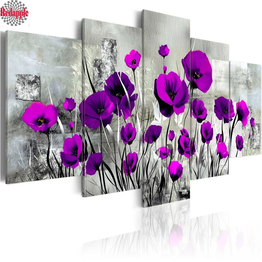 

DIY Diamond Painting Cross Stitch Kit Diamond Embroidery purple poppy flower Full rhinestone Diamond Mosaic Needlework 5pcs/set