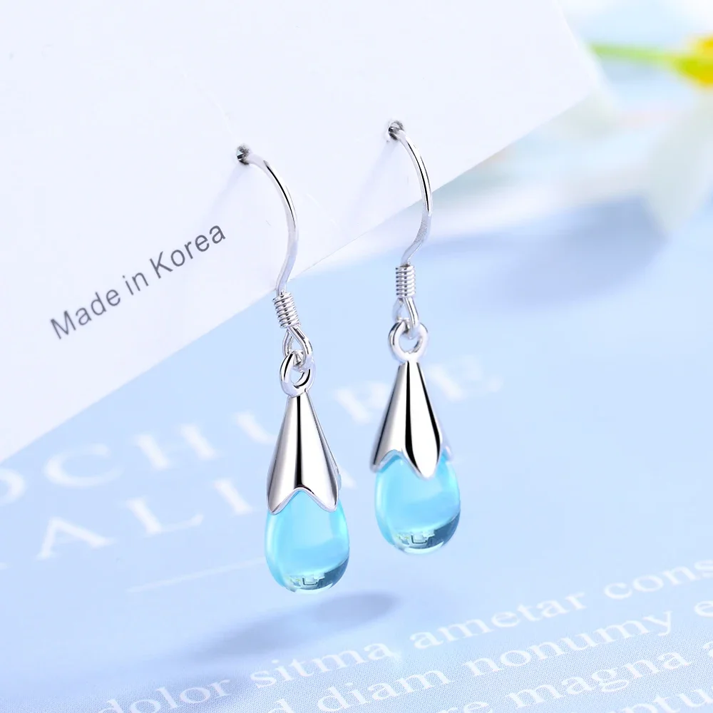 Fashion Female Jewelry 925 Sterling Plata Blue Glass Water Drop Long Tassel Earline Earrings for Women Pendientes Brincos