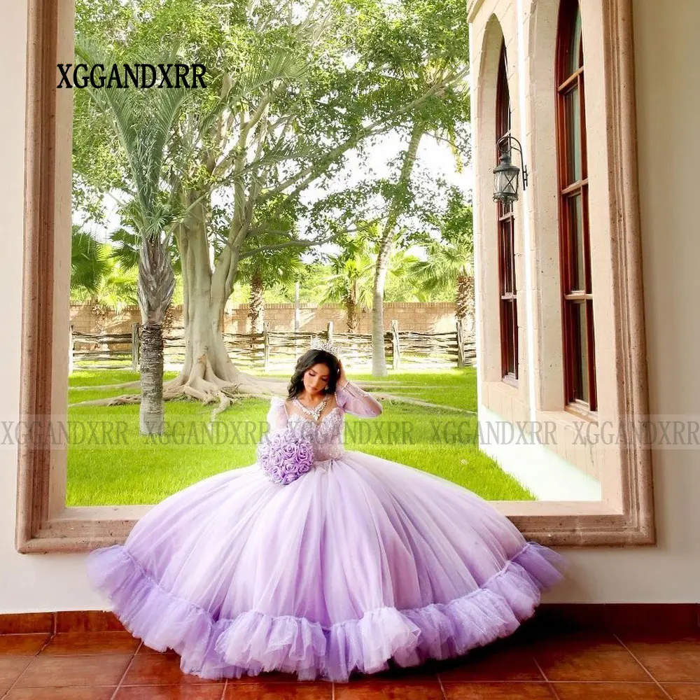 Vestido De princesa para quinceañera, manga larga, apliques De encaje con cuentas De cristal, flor dulce, púrpura, 16, 15 Años, 2024