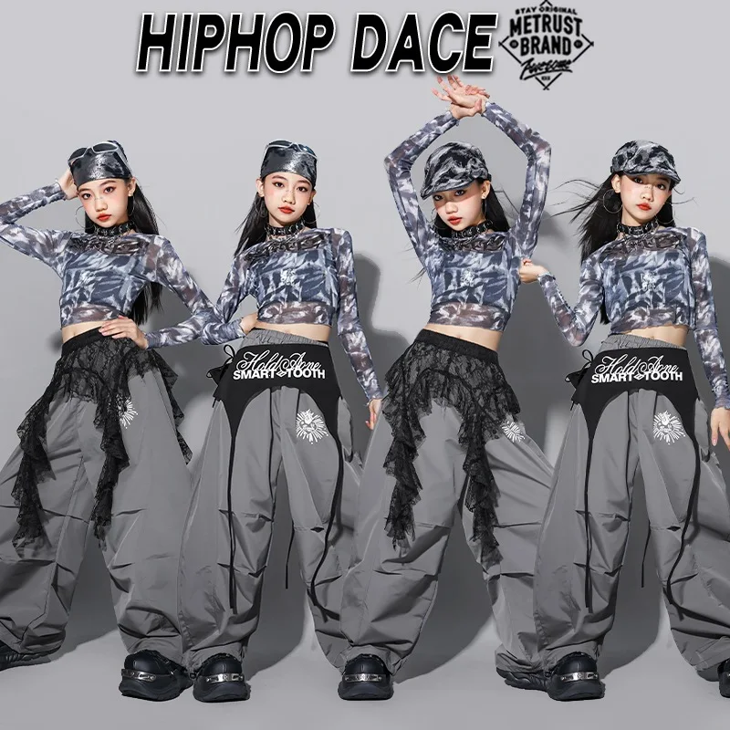 Kids Girls Street Dance Costume Black Crop Tank Top  Mesh Overlay Banana Pants Set Girl Group K‑pop Hip Hop Jazz Stage Outfit