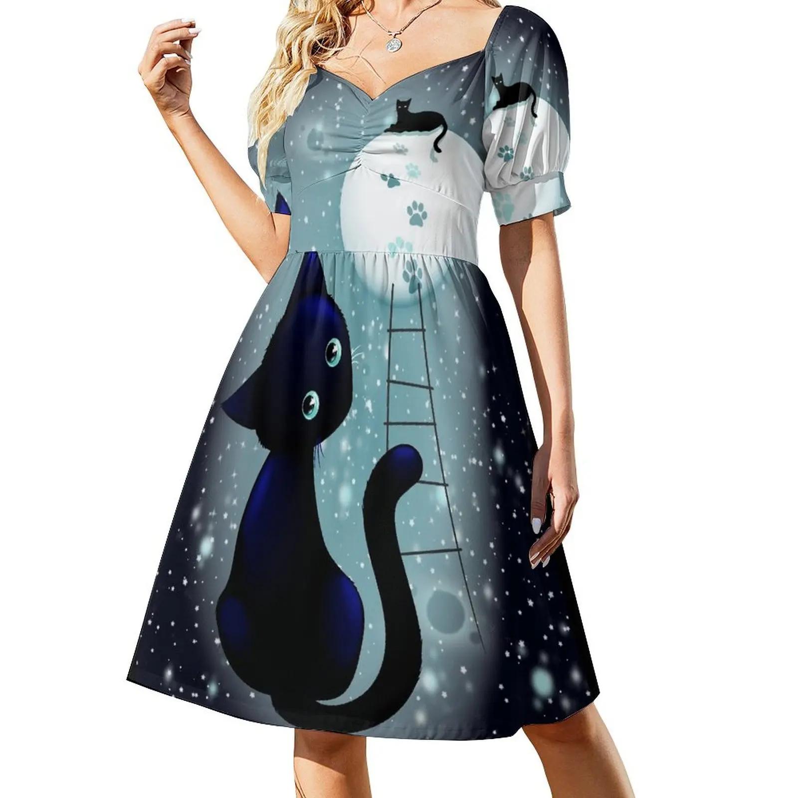 

Blue Kitty Dream on the Moon Short-Sleeved Dress women's summer jumpsuit Summer women's clothing clothes for women