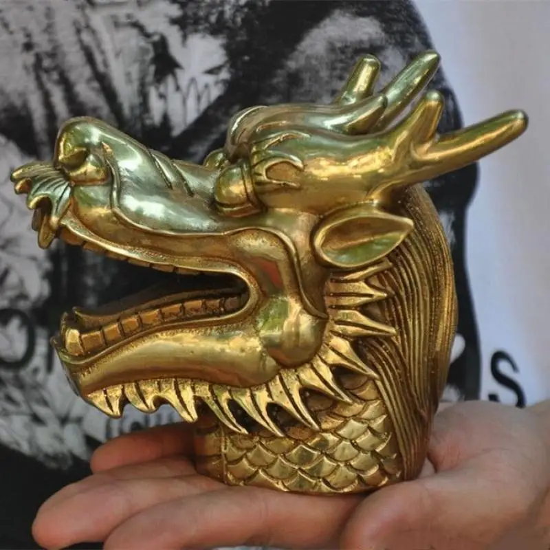 China Brass Feng Shui Auspicious Dragons Loong Dragon Head Zodiac Animal Statue