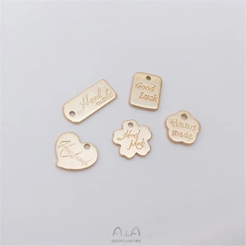 14K gold engraved letters flower tag cherry blossom shaped heart shaped rectangular pendant DIY ornaments pendant