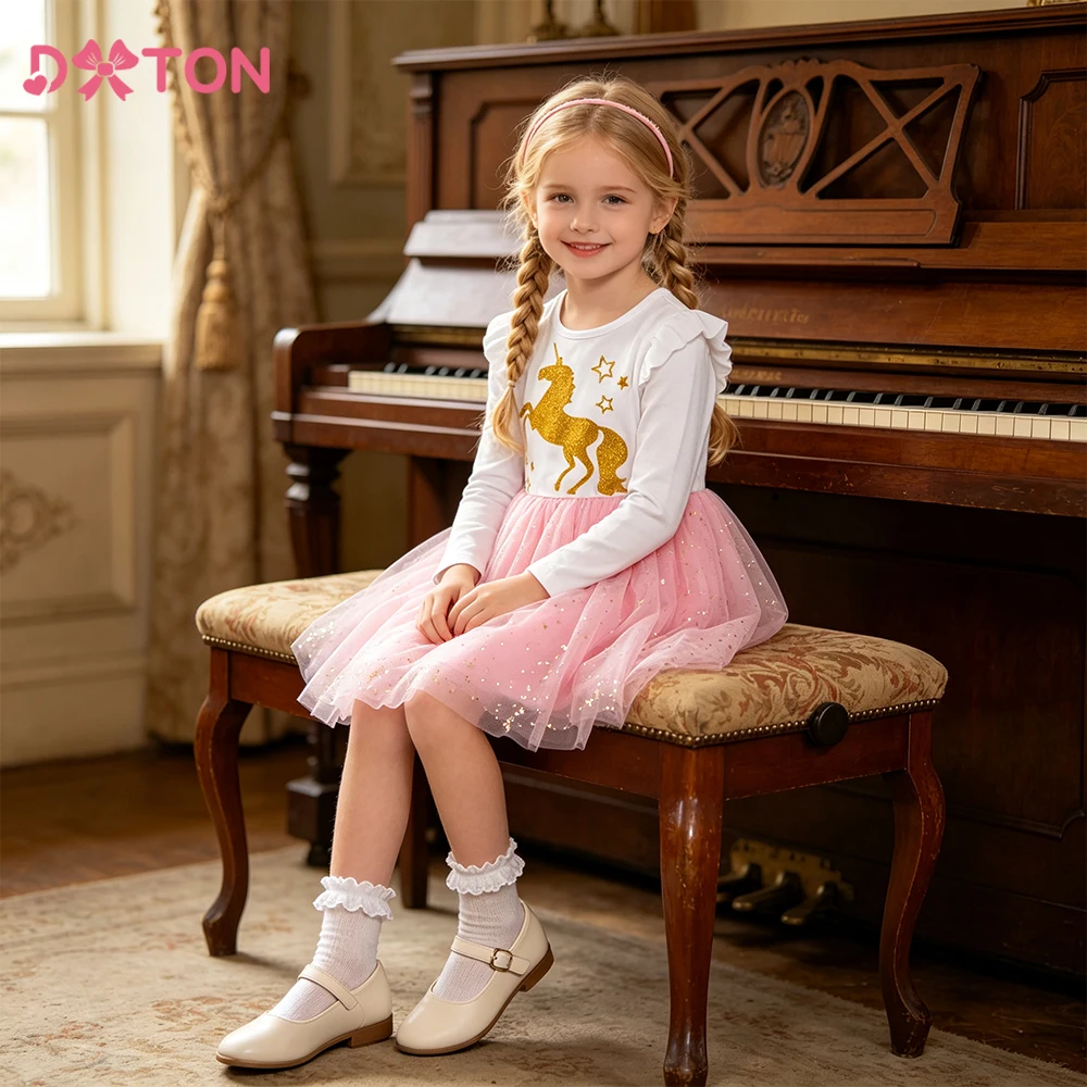DXTON Long Sleeve Princess Tutu Dress Autumn Children Cotton Clothing Unicorn Kids Daily Dresses Blingbling Mesh Girls Outfits