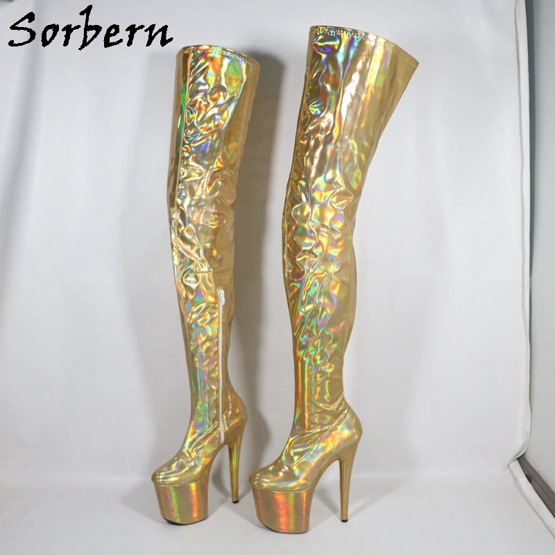 Sorbern Gold Holo Crotch Thigh High Boots For Women 20Cm Stripper Heel For Pole Dancers Custom Colors