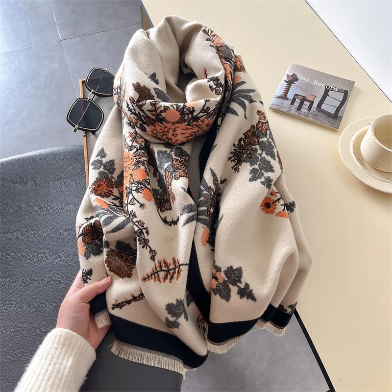 2024 Luxury Floral Print Scarf for Women Warmer Winter Cashmere Pashmina Scarves Shawls Female Thick Blanket Wraps Foulard