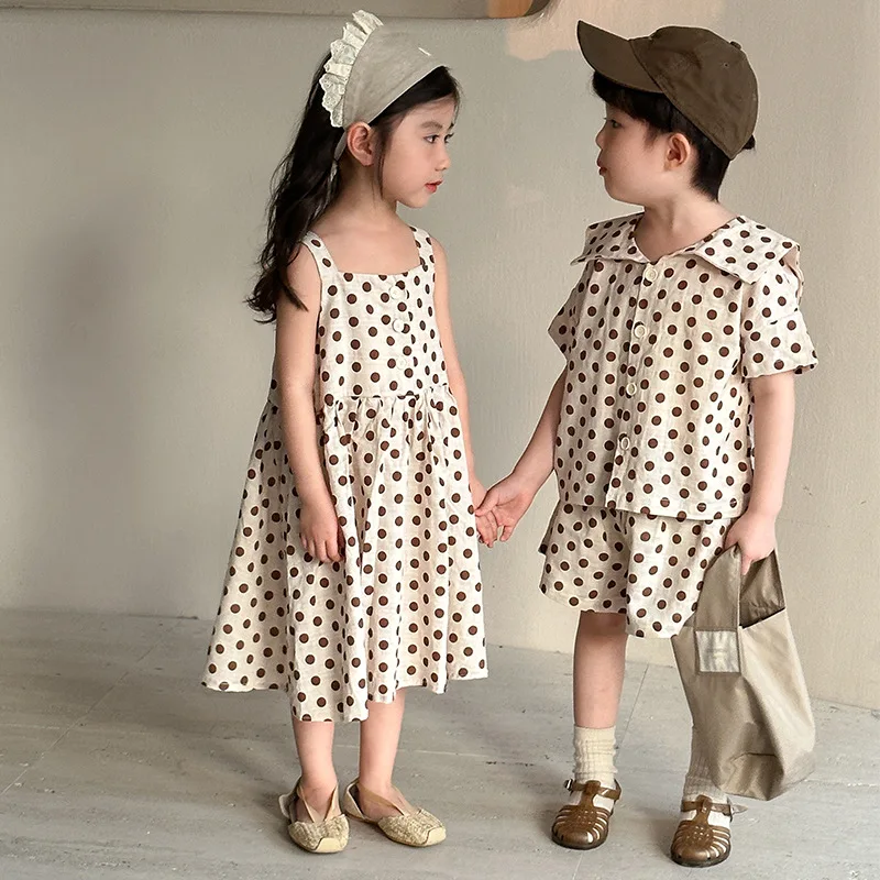 Children's Clothes 2025 Summer Brother And Sister Clothes Wave Point Girl's Dress Or Casual Boy's Suit