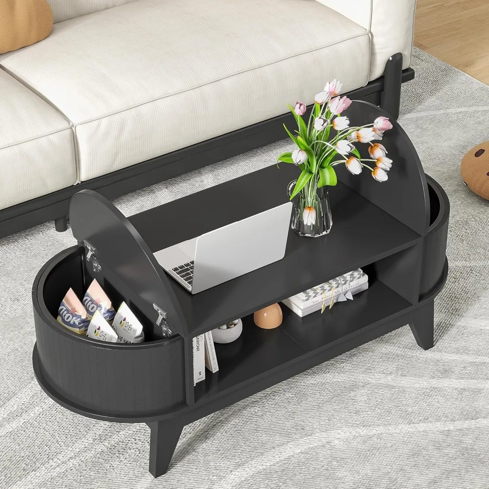 โต๊ะกาแฟทรงรีสไตล์มิดเซ็นจูรี่โมเดิร์น พร้อมที่เก็บของ โต๊ะกลางตกแต่งด้วยไม้ลายร่อง สำหรับห้องนั่งเล่น