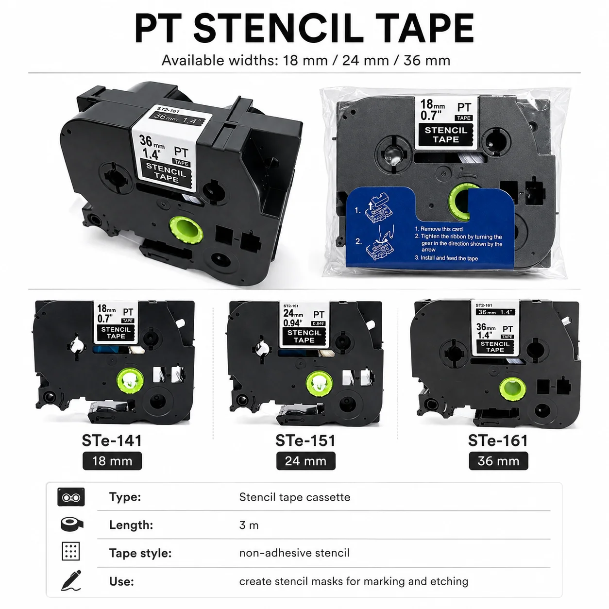 Compatible Label Stencil Tapes Black on clear 24mm 3m for Brother Ste 141 Ste-151 Ste-161 Printer Ribbon, Replacement Tape 3m