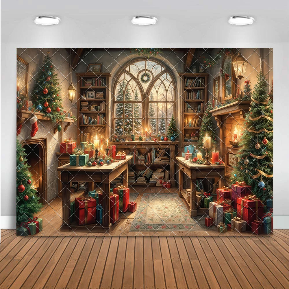 Christmas Background Winter Cabin Wrapping Room Photography Backdrop Santa Fireplace Xmas Tree Gift Decor Kid Photo Studio Props