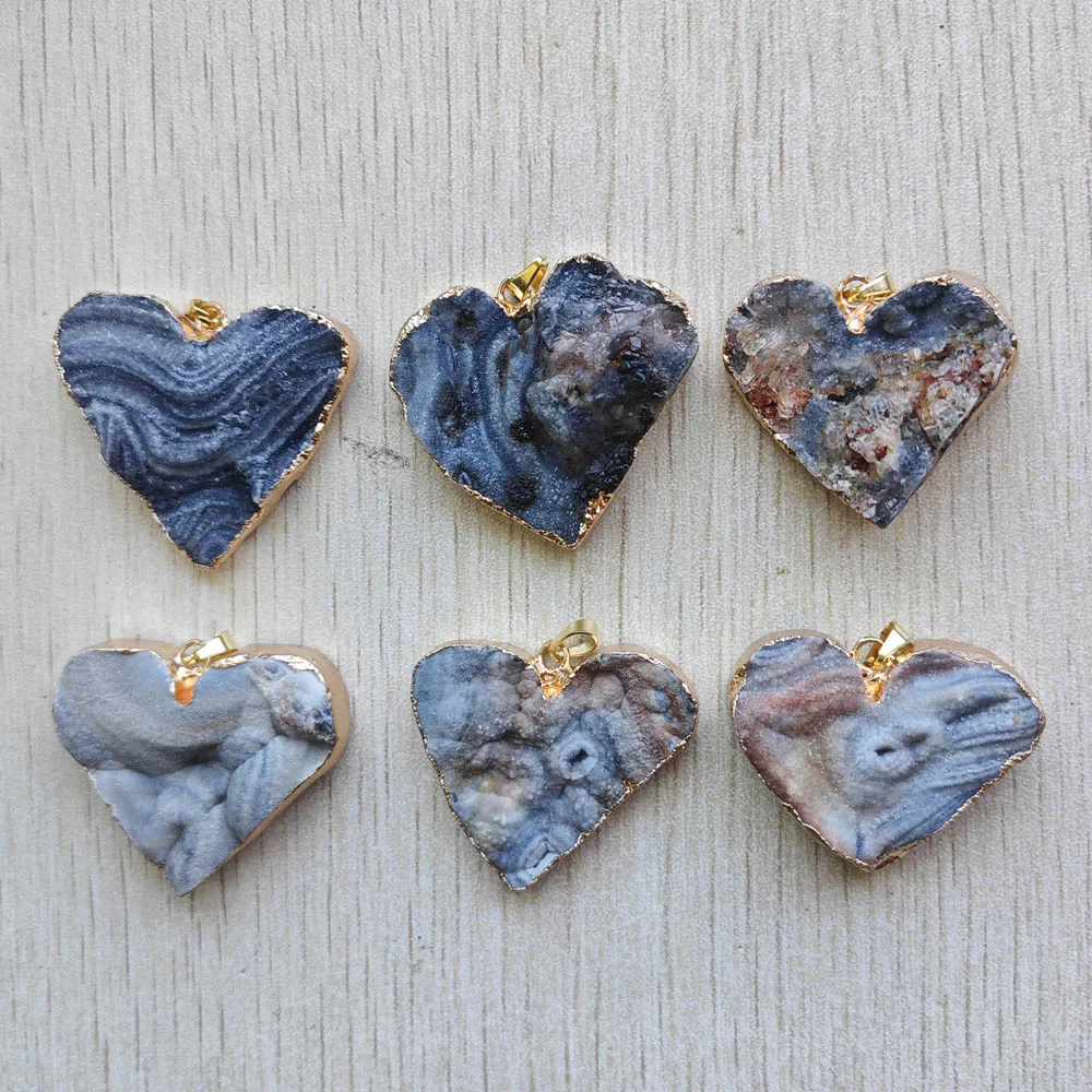 Natural Galaxy Sun Agate Gold Color Side Irregular Heart Pendants for Necklaces Jewelry Making 6pcs/lot Wholesale Free Shipping