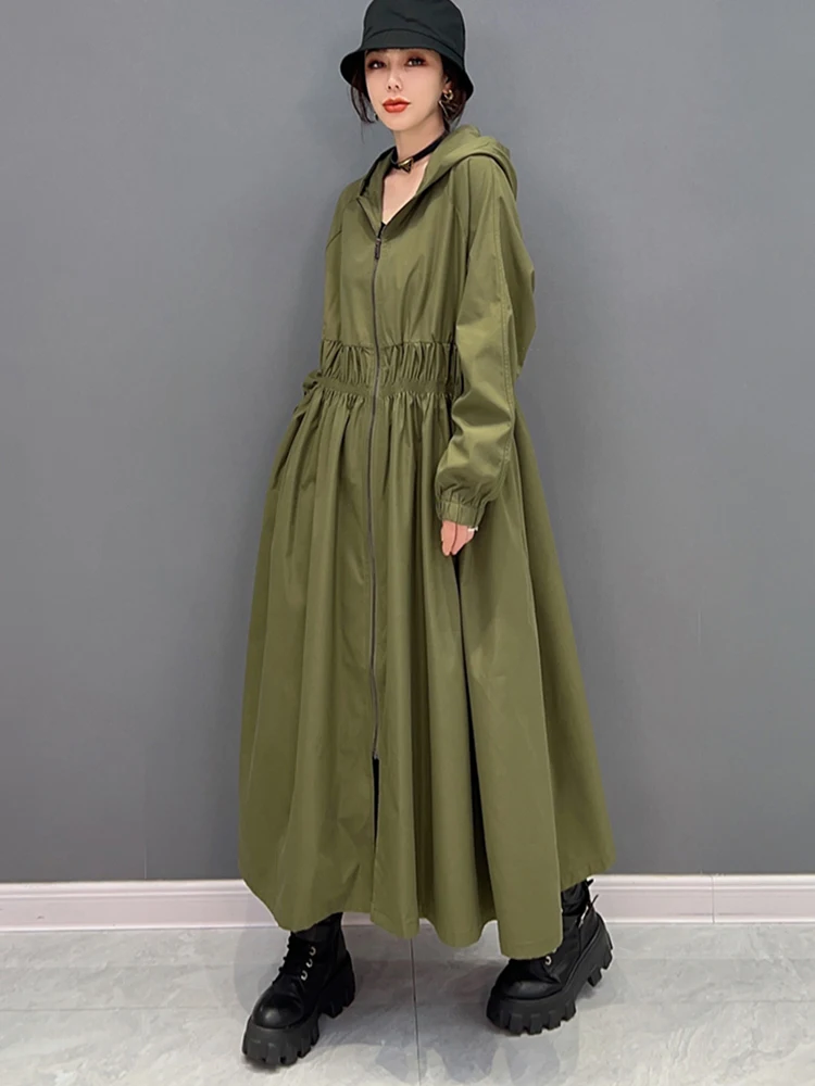 Shengpalae blusão moda feminina manga cheia com capuz solto casual zíper feminino cor sólida longo trench coat 2024 novo 5g207