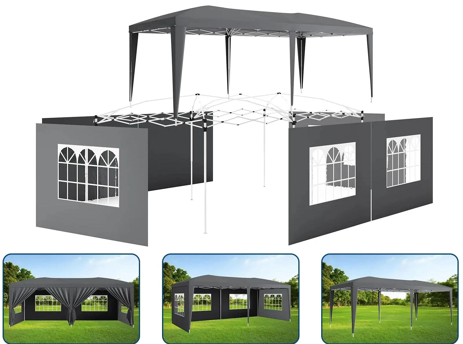 Heavy Duty Commercial Canopy, Waterproof Party Tent, 3 Heights，10x20 Pop Up Canopy Tent With 6 Removable Sidewalls