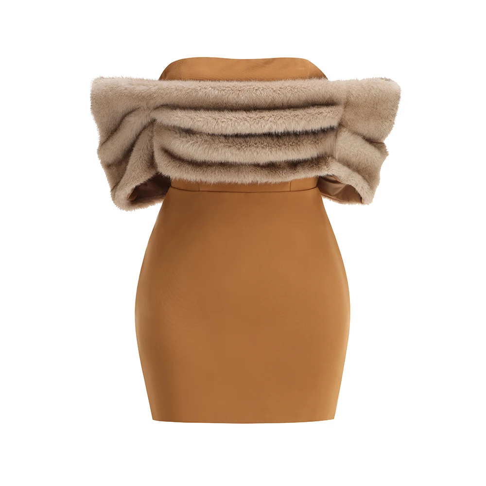 Camel Off The Shoulder Fur EMbellished Short Dress For Women Sleeveless Folds Bodycon Prom Party Cocktail Evening Gowns