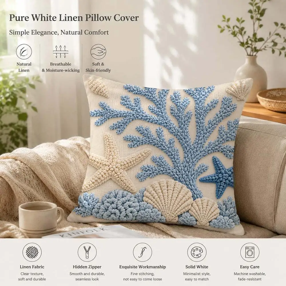 2D Coral Sea Star Turtle Modern Cushion Cover 1/4PCS Linen Sofa Couch Bedroom Living Room Home Office Decor Pillow Case