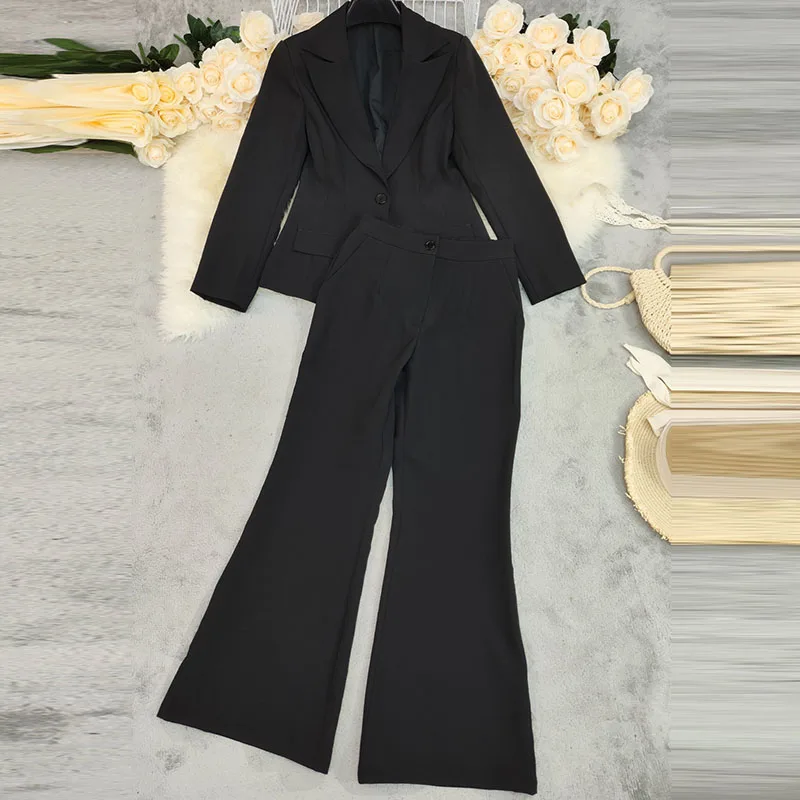 خريف شتاء جديد سترة سوداء تخفيف مجموعات الترفيه سيدة طويلة الأكمام الدعاوى معطف وسراويل مجموعات أنيقة شارع العليا ملابس نسائية