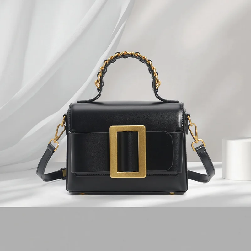 

1pc 2026 Trendy Leather Top - Handle Bag - Multi - Color, Bold Gold Buckle, Braided Strap, Retro Elegant Style, Versatile Carry