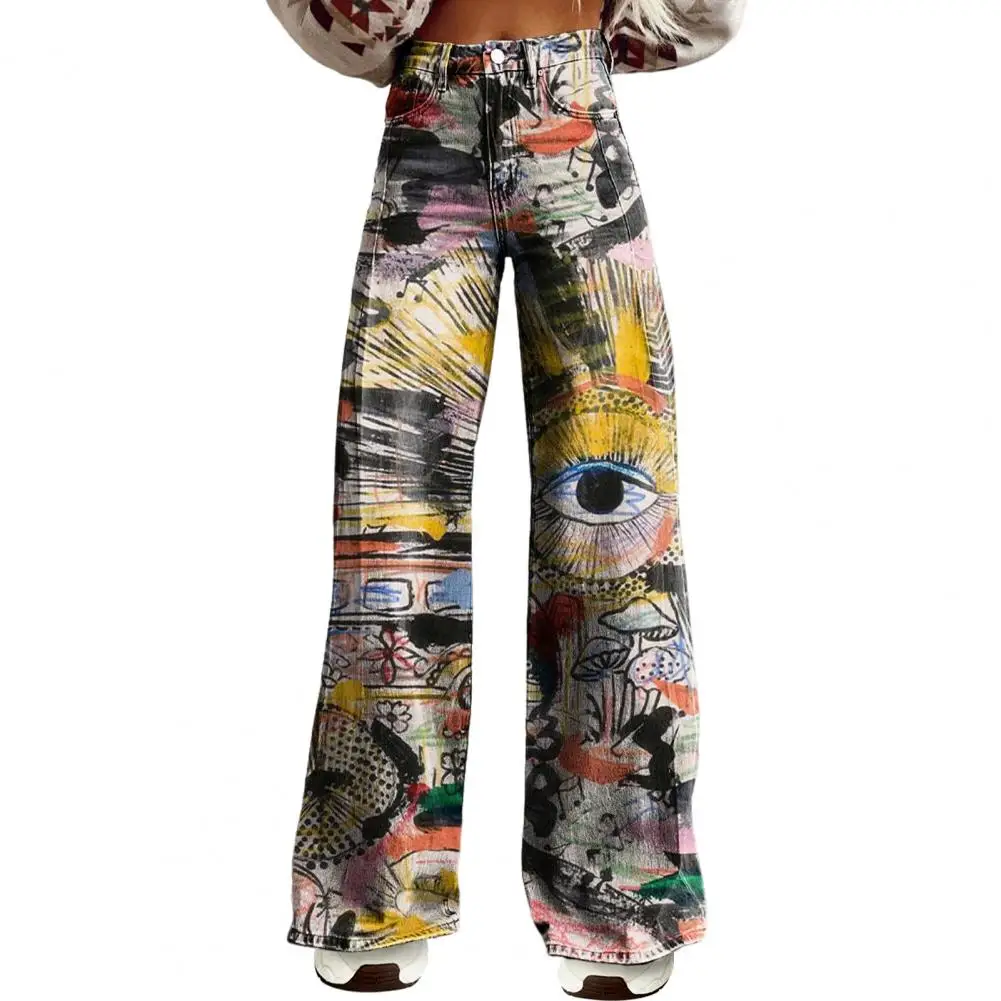 Loose Women Retro Casual Pants Mid-rise Button Zipper Fly Wide Leg Long Pockets Digital Floral Print Pants Summer