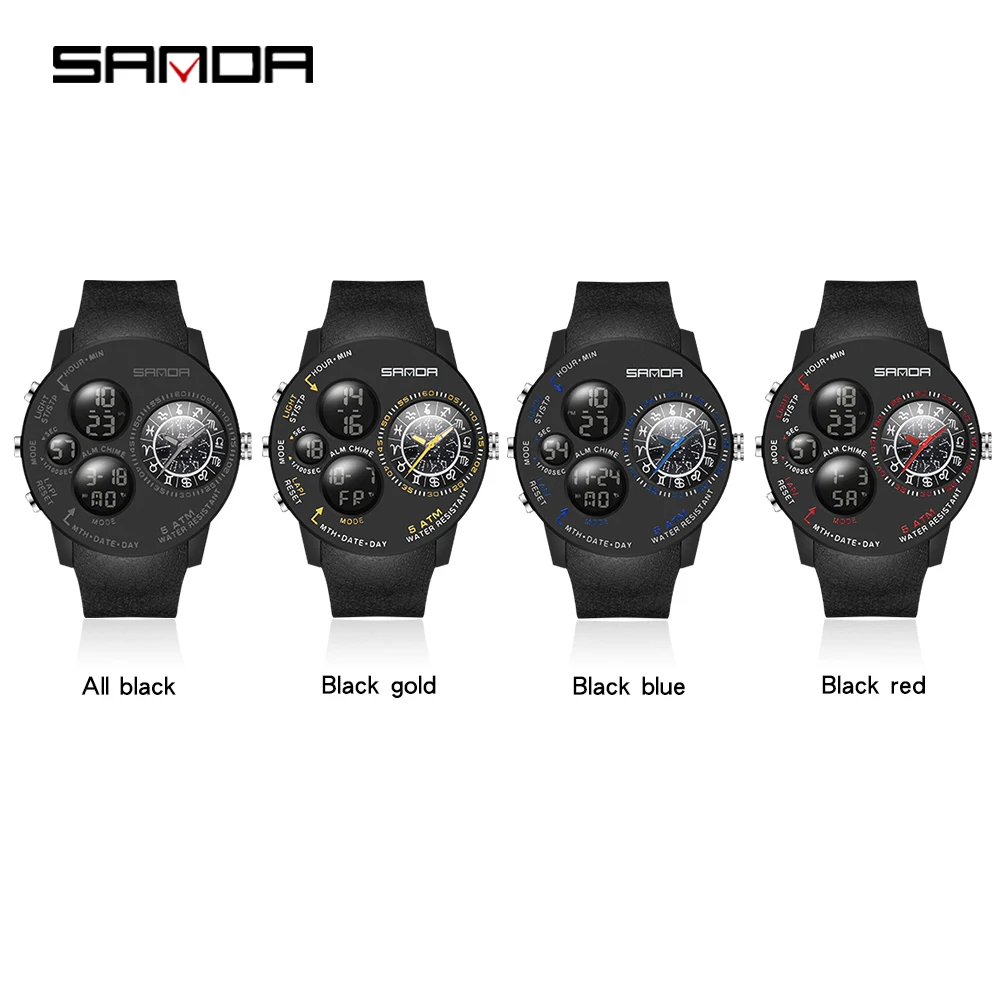 SANDA 2022 Fashion Outdoor Mens Watches Top Brand Military Sports Quartz Watch Dual Display Wristwatch Waterproof Clock 6036