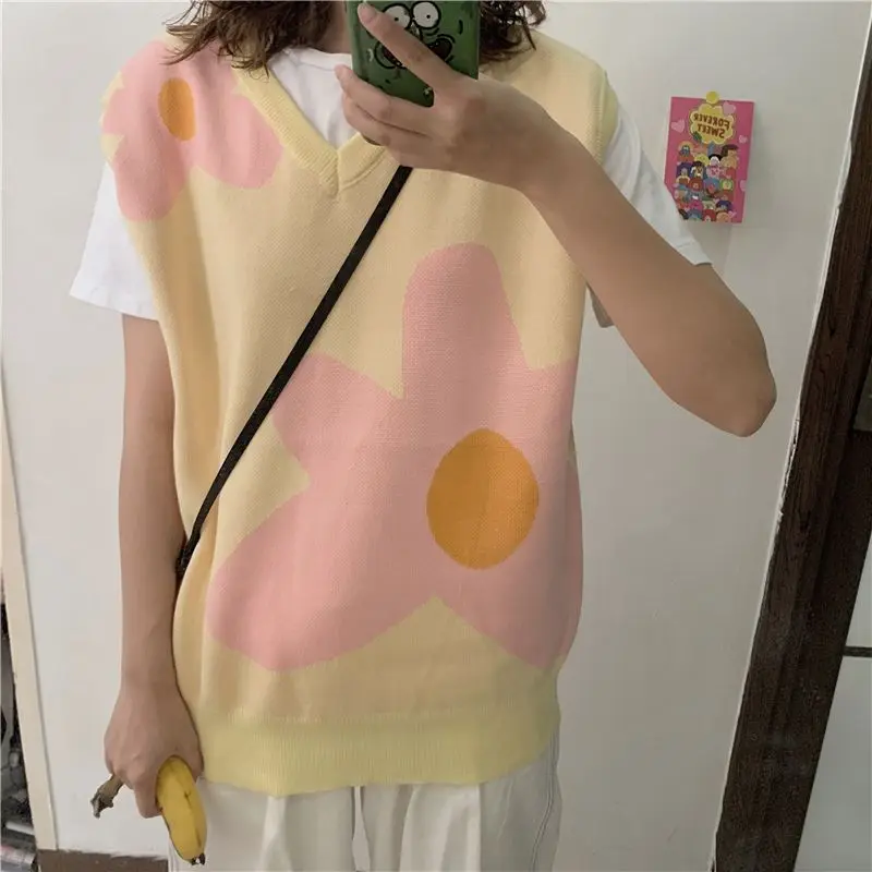 Flower Men Sweater Vests knitted Sweaters Vest Sleeveless knit women y2k top kawaii harajuku clothing oversized  jumper ropa