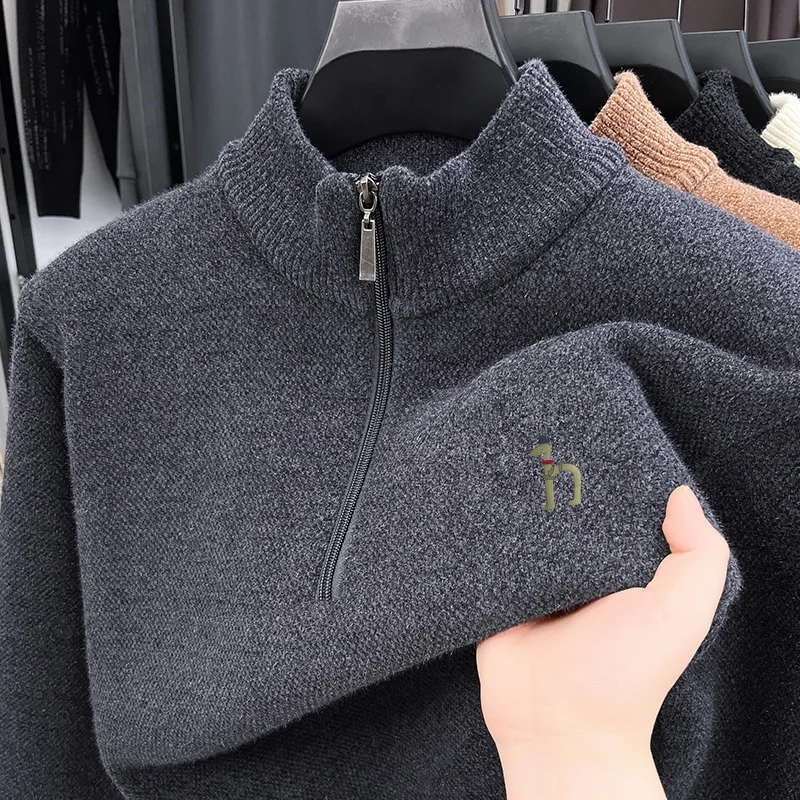 Hot Selling Originele Kwaliteit Heren Gebreide Trui Half Zip Pluche Dikke Opstaande Kraag Hond Print Trui Winter Warm Herenkleding