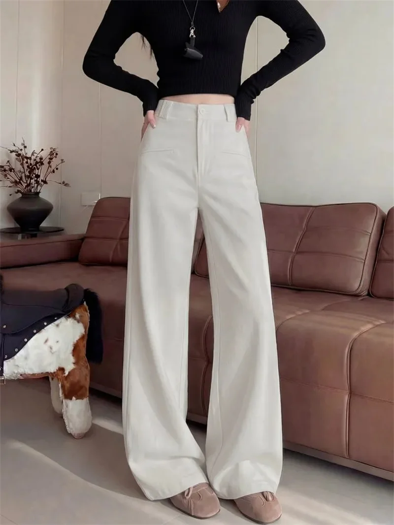 

Женские широкие брюки с высокой талией, прямые штаны с боковыми карманами, удобные и дышащие, в стиле льняной ткани, повседневные брюки.