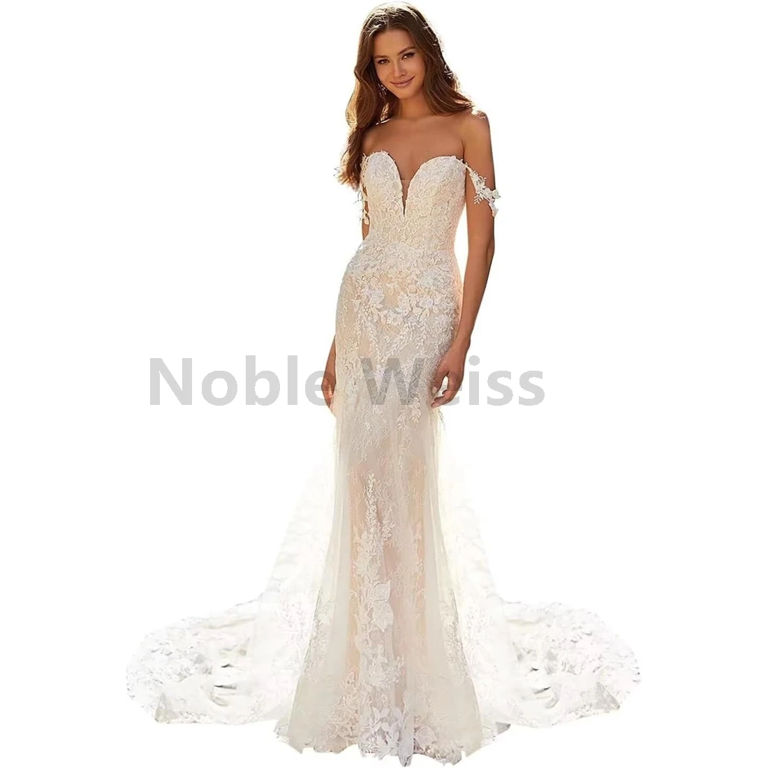 

V Neck Lace Wedding Dresses for Bride Straps Mermaid Bridal Gown with Appliques Customize