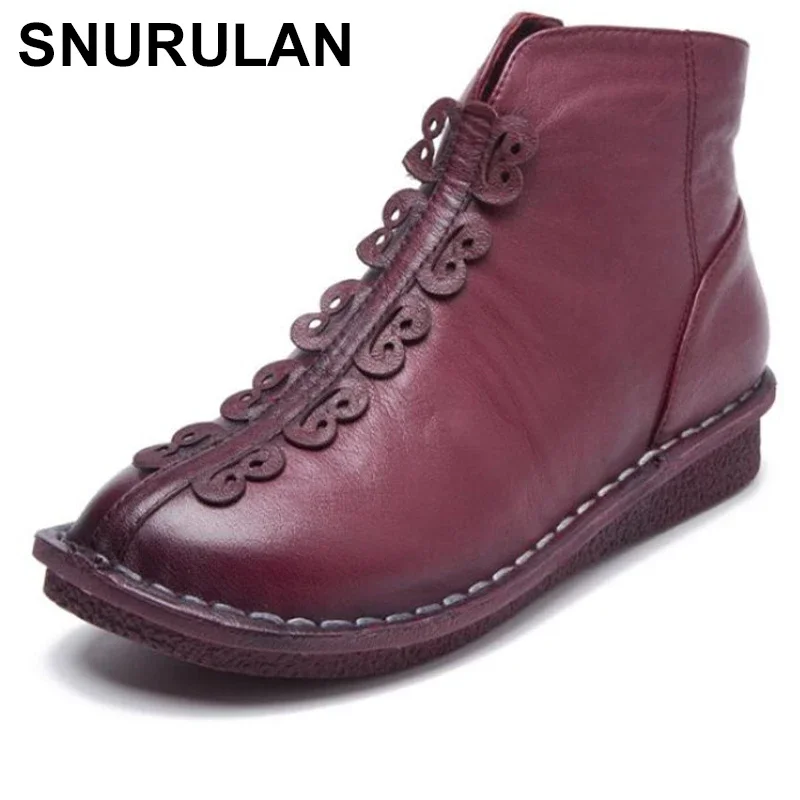 SNURULAN New short Women's boots soft bottom fashion leather shoes size (35-38) leisure with head low side zipper boots E487