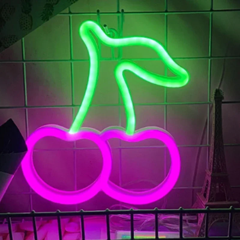 Cherry Shaped Neon Lamp Heart Fruit Restaurant Wall Neon Sign for Party Wedding Christmas Shop Birthday Home Decoration