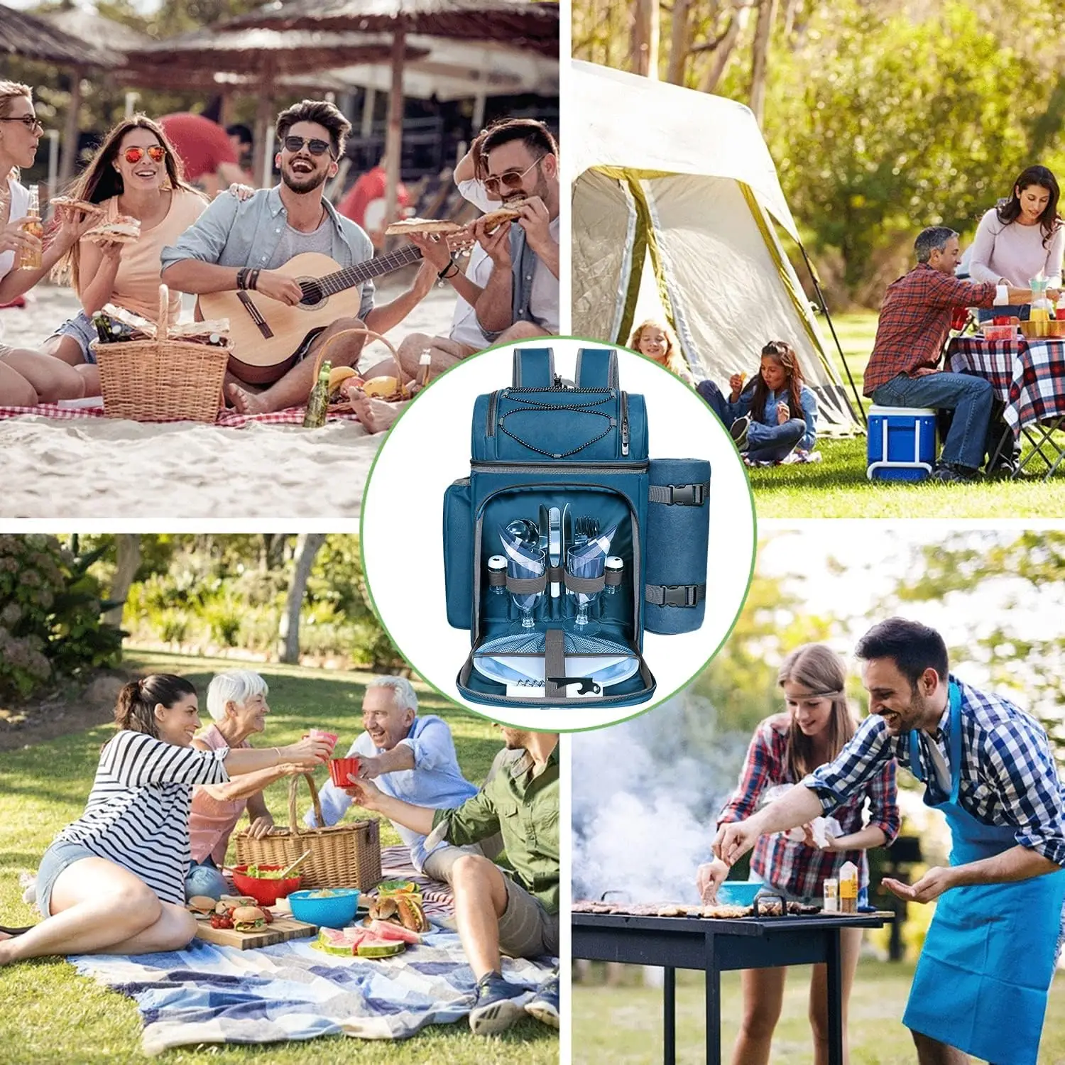 Picnic Basket Backpack for 2 People, Insulated Leak-Proof Cooler Compartment, Wine Holder, Fleece Blanket, Cutlery Set, Blue Couples Picnic Bag, Engagement Gifts, Mr and Mrs Gifts, Couples Gifts