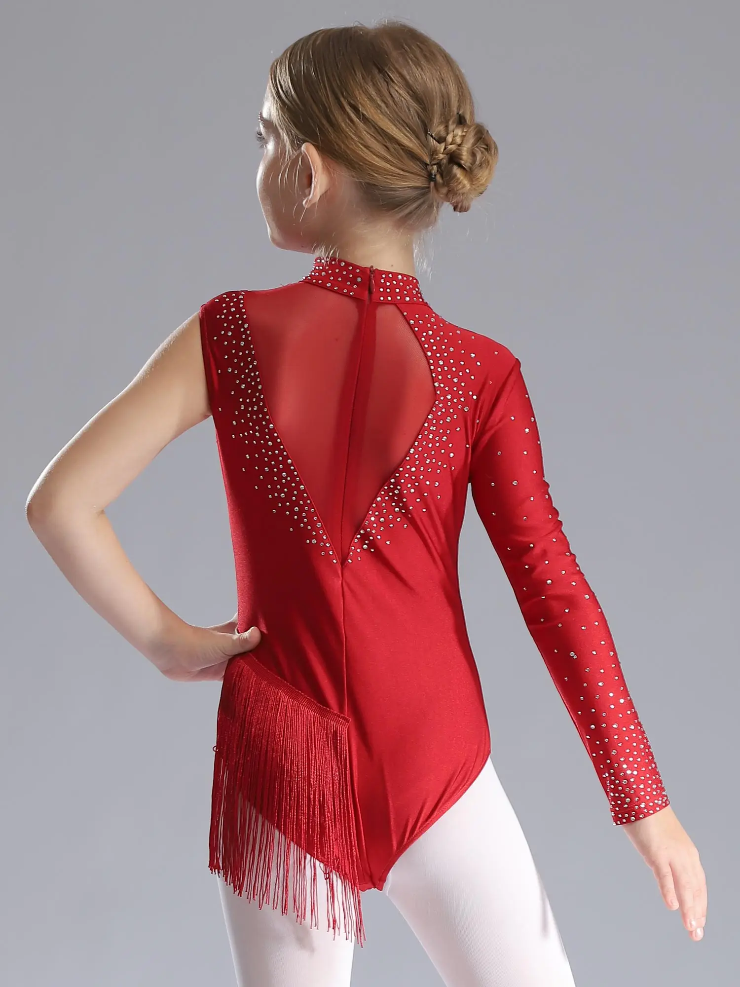 Girls Sparkle Rhinestones Tassel Leotard Figure Skating Costume One Shoulder Athletic Rhythmic Gymnastics Bodysuit Biketard Tops