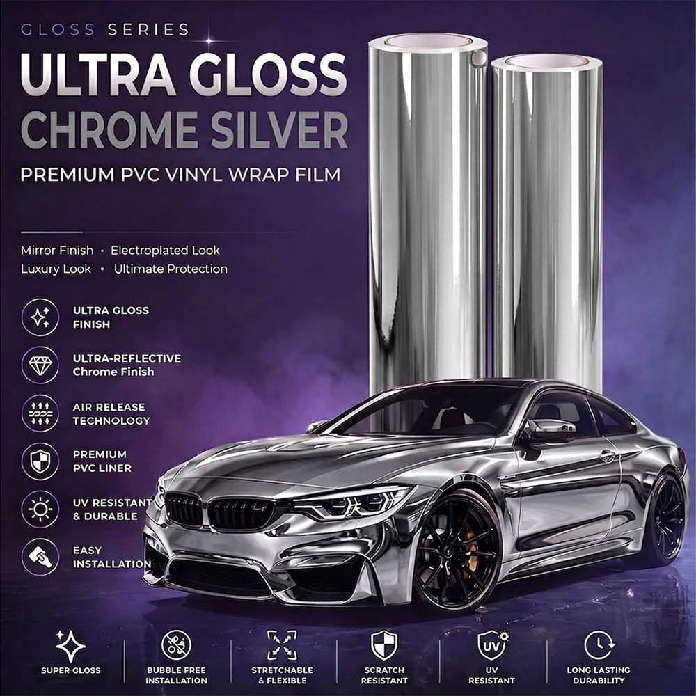 Chrombeschichtung Spiegelsilber Elektrobeschichtungsfolie Auto-Vinylfolie Galvanisierter Aufkleber PVC Autokarosserie Farbwechsel Dekorationsfolie – Detail 1