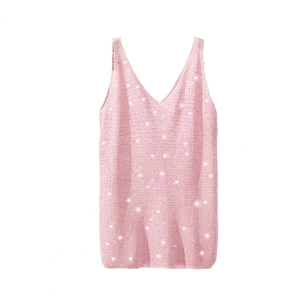 

Women Viscose Vest Stylish Women's V-neck Tank Tops with Hot Drilling Decor Loose Fit Shirts for Wear Solid Color Stretchy Vest