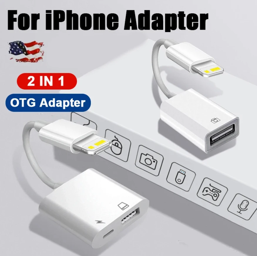 OTG Adapter For iPad iPhone 13 12 11 14 Pro Max XS XR 8 Plus 2 in 1 USB3.0 Converter Cable for Mouse Keyboard Camera Card Reader