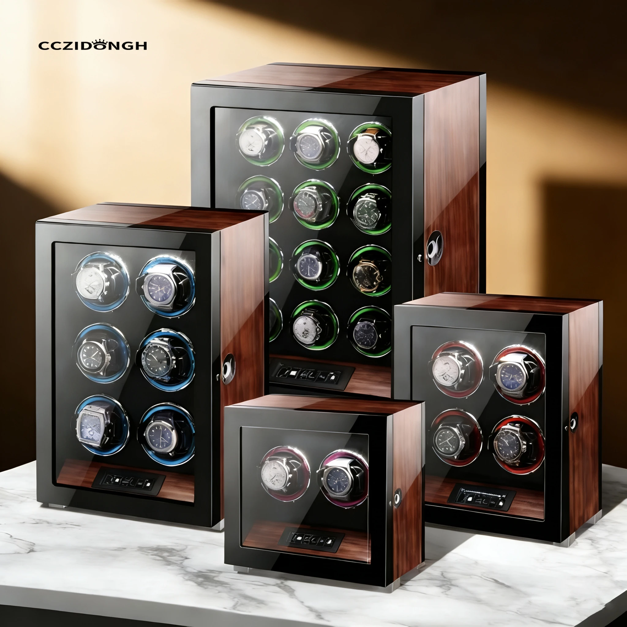 Elegant Watch Winder with Biometric Fingerprint Unlock, Smart Touchscreen & Dynamic 7-Color LED Ambiance