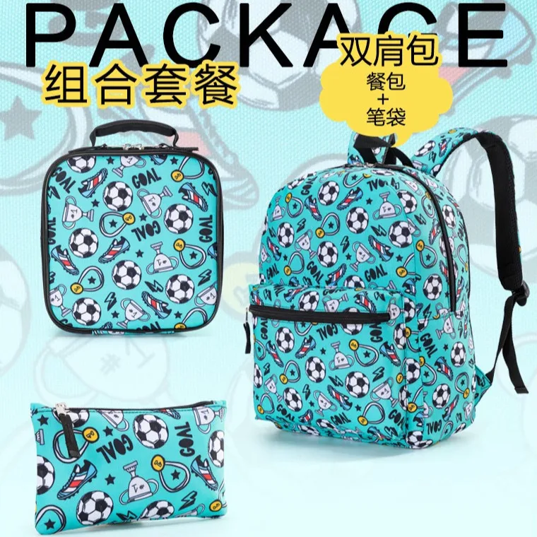 Boys Backpack 3 Piece Set Primary School Student School Bag Insulated Lunch Bag and Pencil Case Football Print