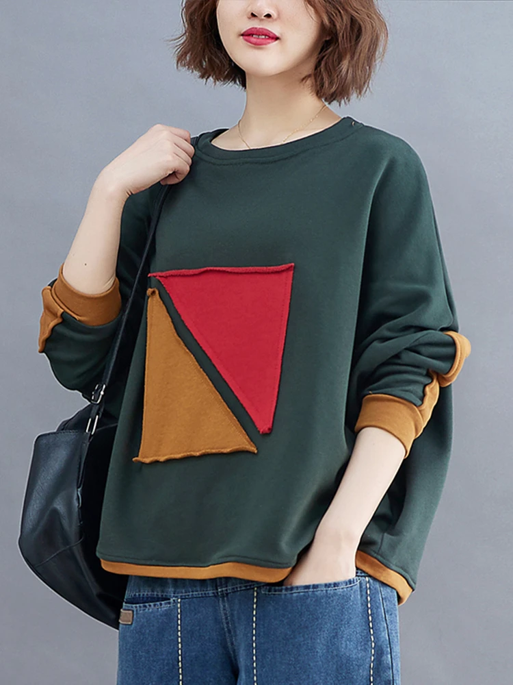 Oversized 2023 Autumn Patchwork Long Sleeves T Shirt Loose Casual Women Korea Ladies Womens Cotton T-shirt New Woman Red Tshirt