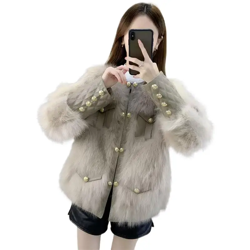 

2025 Women's Clothing Elegant Stitching Faux Fox Fur Fur Coat Winter New 1125