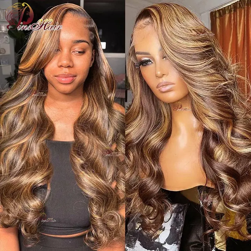 Highlight Colored Lace Front Human Hair Wigs Honey Blonde Ombre Lace Wig Body Wave 13x6 Lace Frontal Wig Human Hair Wigs 34inch