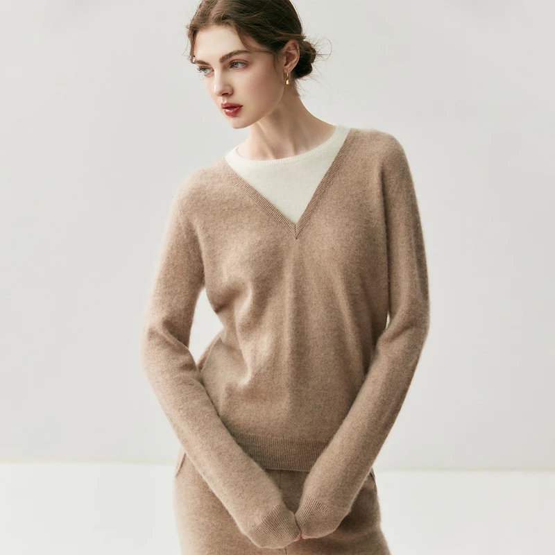 Damen-Pullover aus 100 % Kaschmir, rund, V-Ausschnitt, gefälschter zweiteiliger Farbblock-Pullover, Basic, weiche Kaschmir-Strickwaren, Herbst-Winter-Top