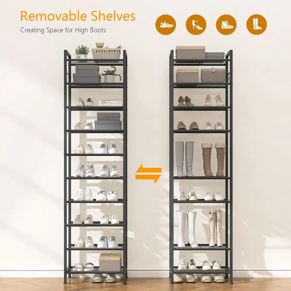 منظم أحذية عمودي معدني قوي مع 4 خطافات، يحمل 20-30 زوجًا، تخزين نحيف موفر للمساحة للمدخل باللون الأسود #6