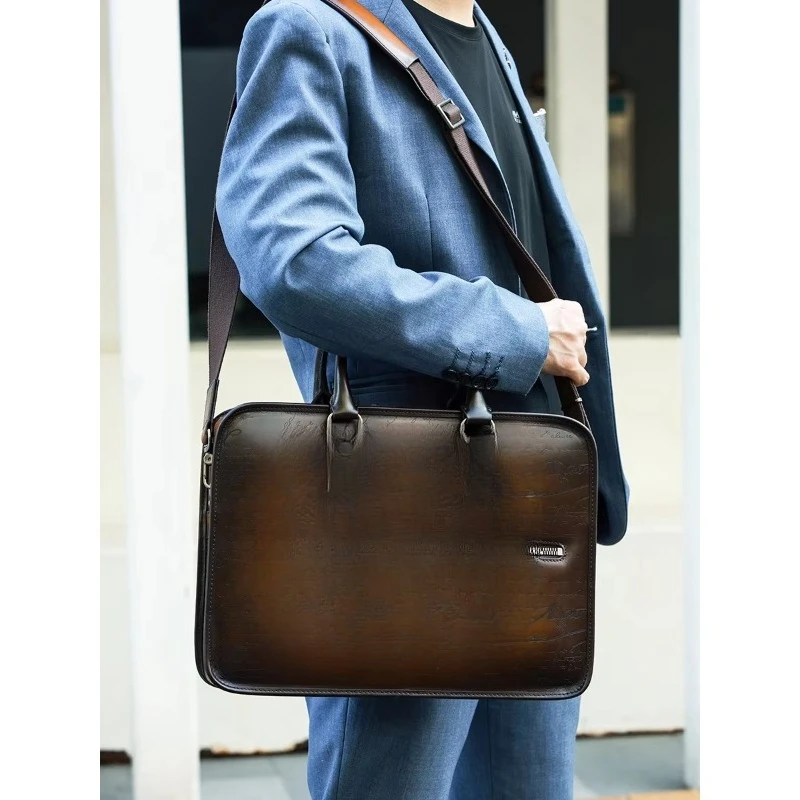 High-end cowhide retro-inspired leather briefcase waterproof men's business messenger bag, suitable for daily work