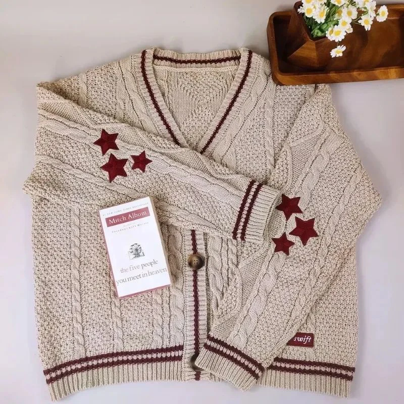 Black Knit Print Women Cardigan Korean Sweet Loose Star Long Sleeve Female Sweater Autumn Preppy Style New V Neck Ladies Tops