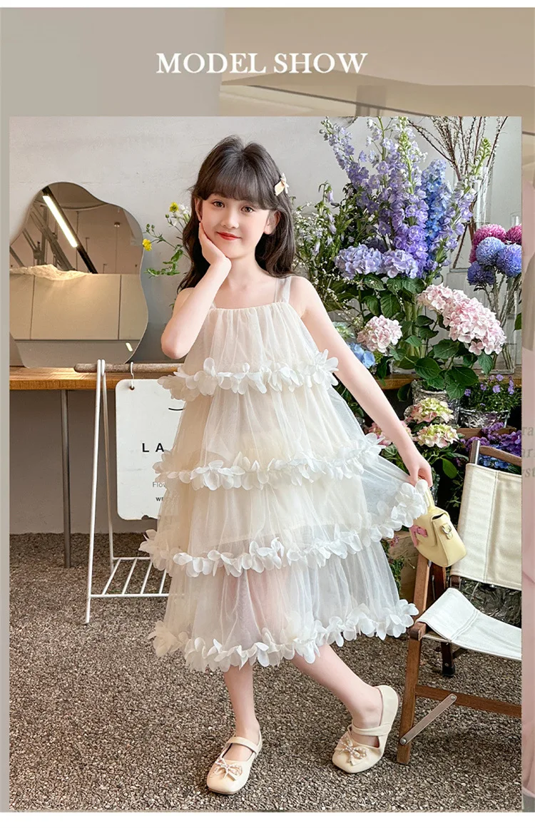 فستان بناتي صيفي 2025 موضة جديدة للأطفال فستان كعكة الأميرة البتلة فستان جنية بحمالات للأطفال