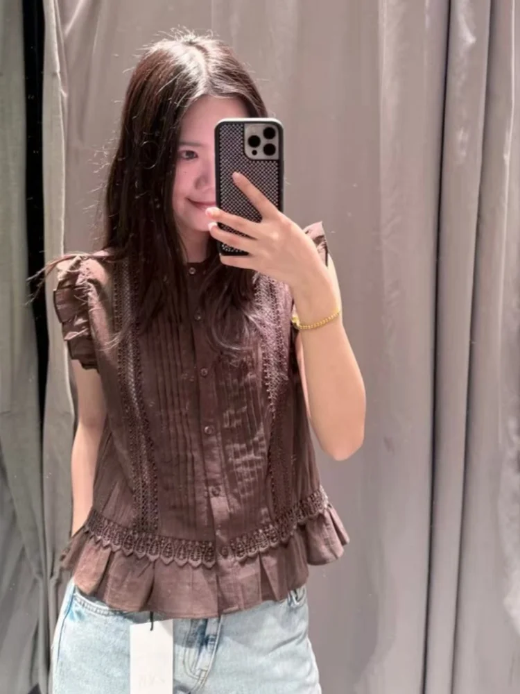 

Spring 2026 Slim Fit round Neck Sleeveless Vintage Trimmed Top Women's Sweet Style Pure Cotton Breathable Shirt