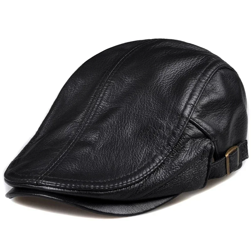 Outdoor Unisex Genuine Leather Duckbill Boina Thin Berets Hats For Men/Women Leisure Black/Brown 54-61cm Fitted Cabbie Bonnet