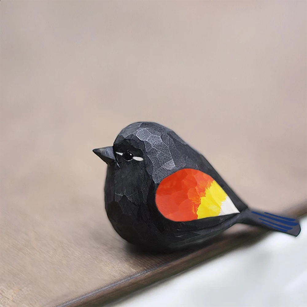 Hand Carved Red-winged Blackbird Wooden Figurine Cute Fat Bird Statue Home Office Desktop Decor Bird Lover Gift Ornament