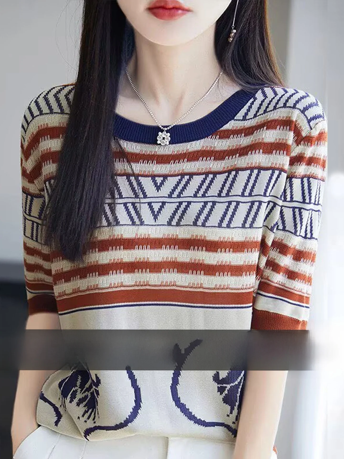 Top de manga corta de punto de seda Lisle con cuello redondo y efecto adelgazante, nuevo estilo de verano, versátil, de ajuste holgado, elegante, de tela fina.