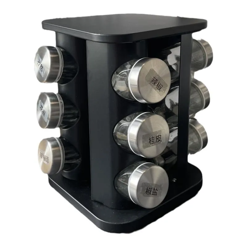 

Черная вращающаяся полка для хранения, серебряный бак для приправ из нержавеющей стали, набор кухонных принадлежностей